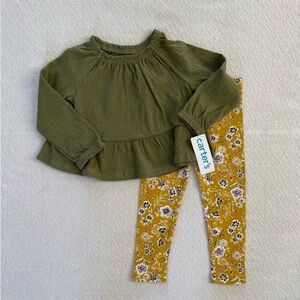 Carter's Olive Green Peplum Top with Mustard Floral Leggings Set NWT